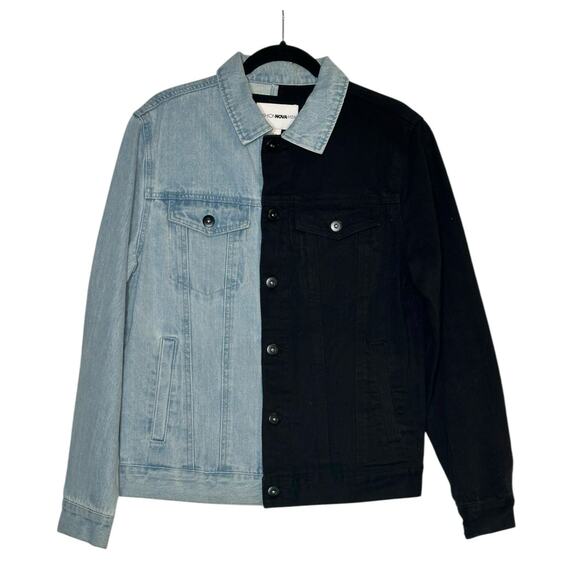 Fashion Nova man black blue color block jean jacket size Small - Picture 1 of 8